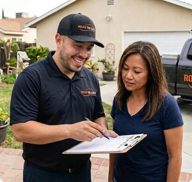 Technician is describing the process to the happy client